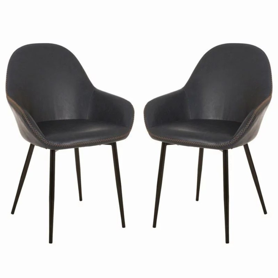 Chairs * | Glitzhome Mid-Century Modern Vintage Navy Blue Leatherette Dining Armchair, Set Of 2