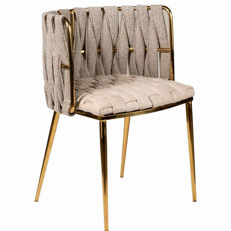 Chairs * | Mod The Eterno Dining Chair, Off White And Gold, Fabric And Faux Leather