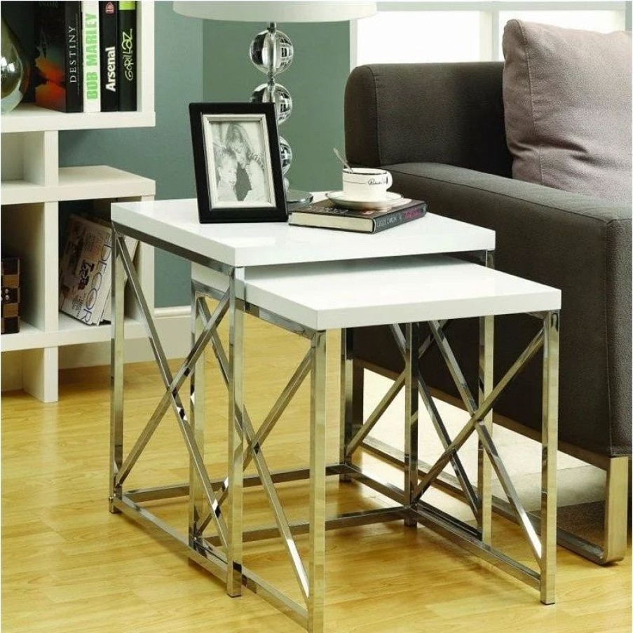 Coffee & Accent Tables * | Monarch Nesting Table Set Of 2 Side End Metal Accent Bedroom Metal Glossy White