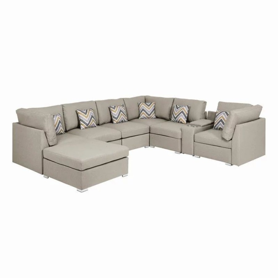 Sofas & Sectionals * | Lilola Home Amira Beige Linen Fabric Reversible Sectional Sofa With Usb Storage Console