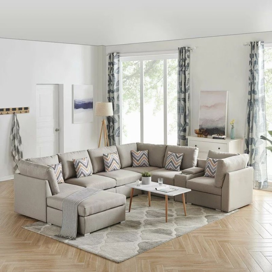 Sofas & Sectionals * | Lilola Home Amira Beige Linen Fabric Reversible Sectional Sofa With Usb Storage Console