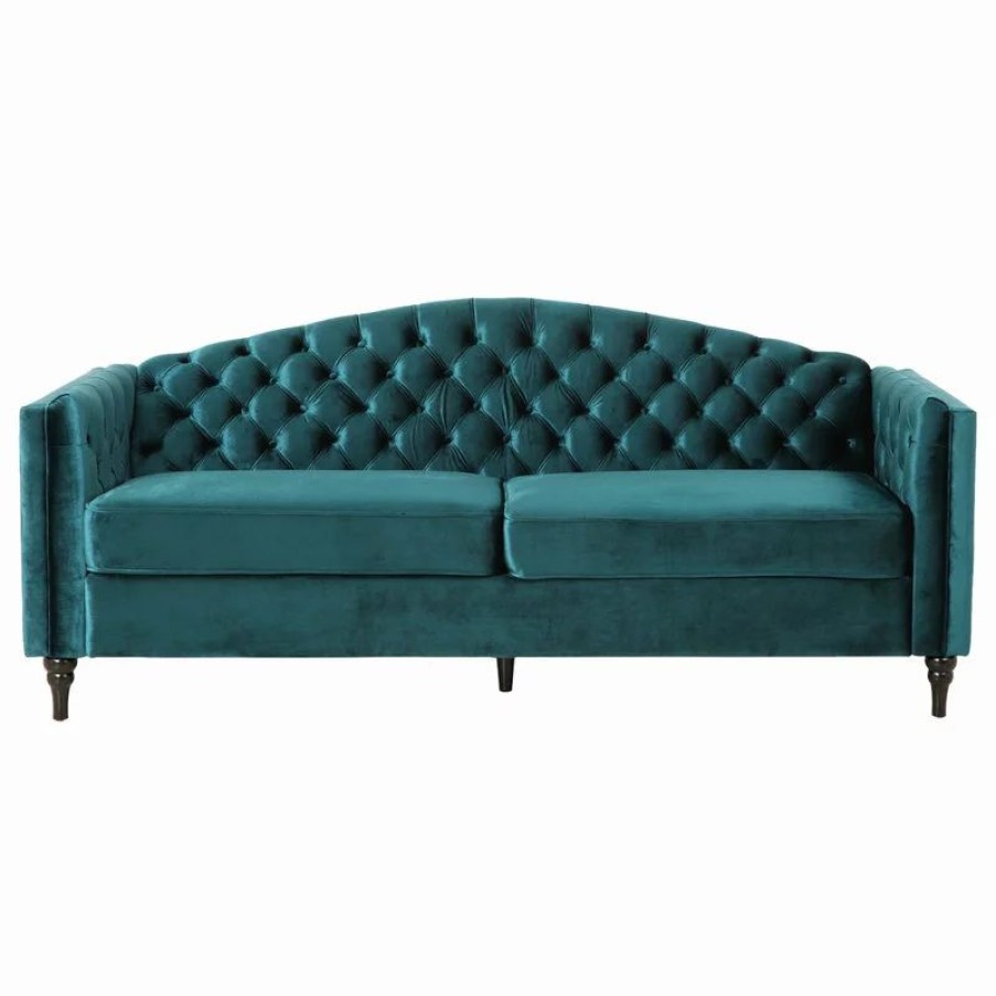 Sofas & Sectionals * | Gdfstudio Bonnie Traditional Button Tufted Velvet 3 Seater Sofa, Teal/Dark Brown