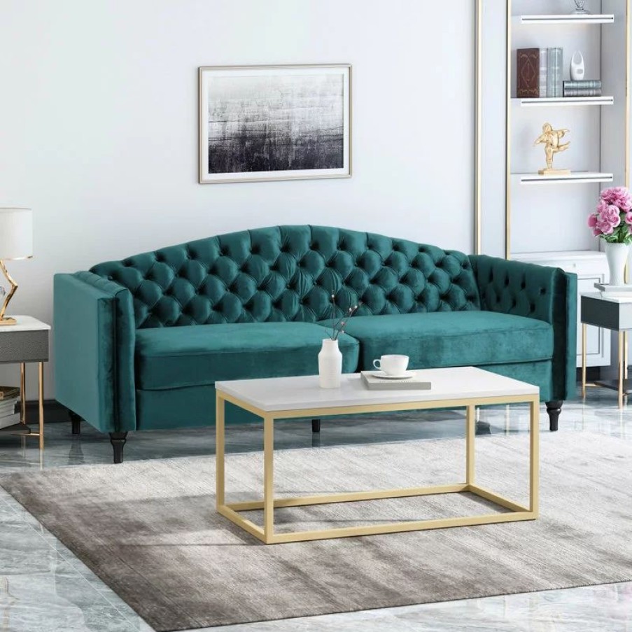 Sofas & Sectionals * | Gdfstudio Bonnie Traditional Button Tufted Velvet 3 Seater Sofa, Teal/Dark Brown