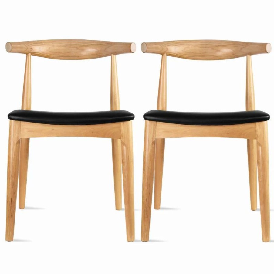 Chairs * | Homedotdot Set Of 2 Elbow Farmhouse Wooden Dining Chairs With Pu Leather Seat, Natural