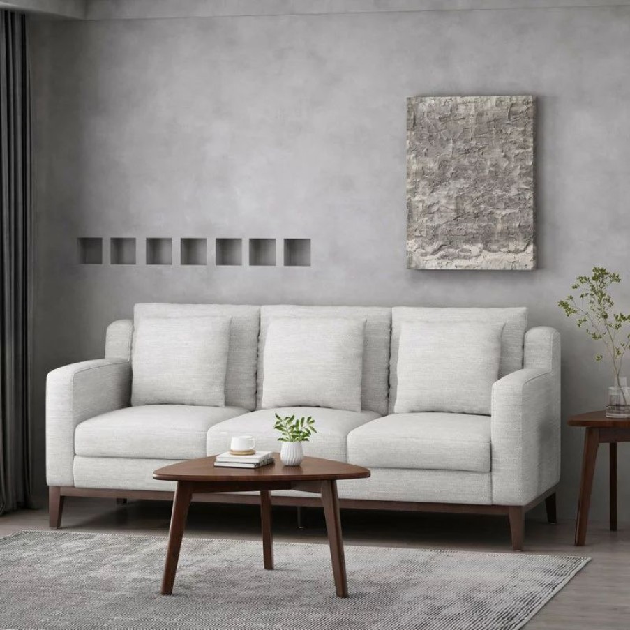 Sofas & Sectionals * | Gdfstudio Noxon Fabric 3 Seater Sofa With Accent Pillows, Light Grey + Dark Walnut