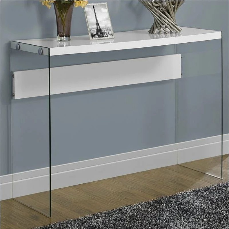Console Tables * | Monarch Accent Table Console Narrow Sofa Bedroom Tempered Glass Glossy White