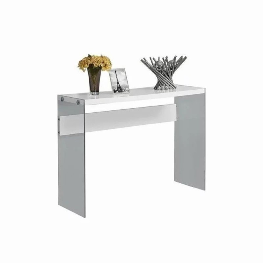 Console Tables * | Monarch Accent Table Console Narrow Sofa Bedroom Tempered Glass Glossy White