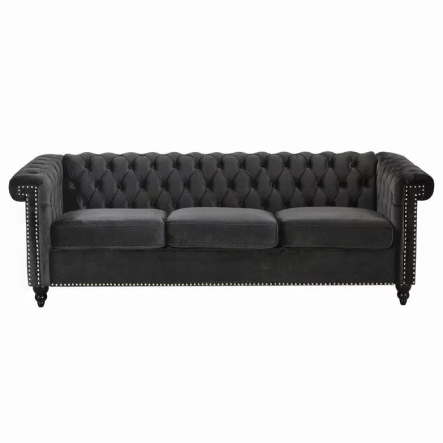 Sofas & Sectionals * | Gdfstudio Spencer Tufted Chesterfield Velvet 3 Seater Sofa, Black/Dark Brown
