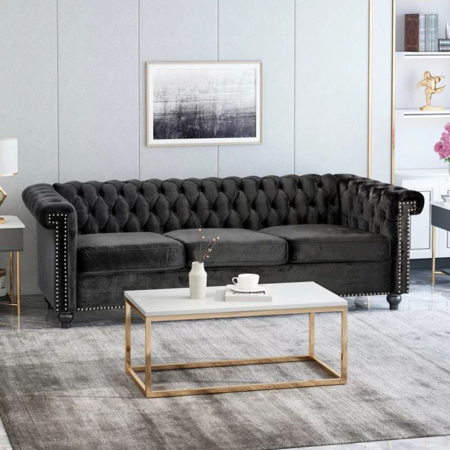 Sofas & Sectionals * | Gdfstudio Spencer Tufted Chesterfield Velvet 3 Seater Sofa, Black/Dark Brown