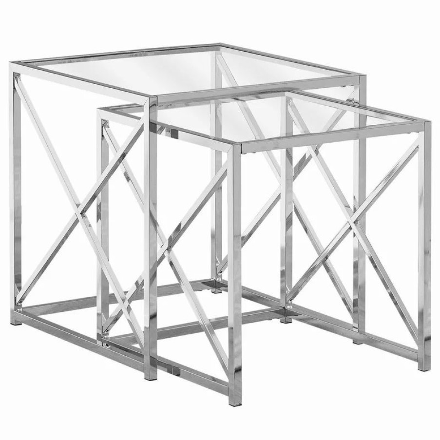 Coffee & Accent Tables * | Monarch Specialties Nesting Table Set Of 2 Side End Accent Metal Tempered Glass Chrome Clear