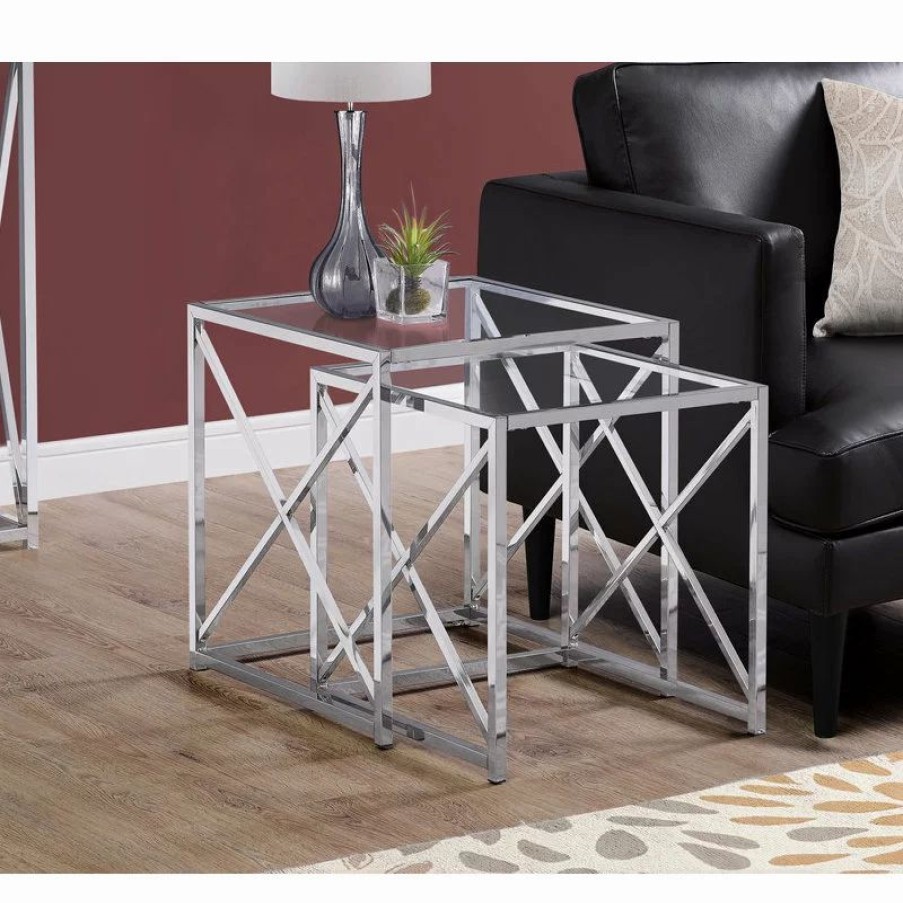 Coffee & Accent Tables * | Monarch Specialties Nesting Table Set Of 2 Side End Accent Metal Tempered Glass Chrome Clear