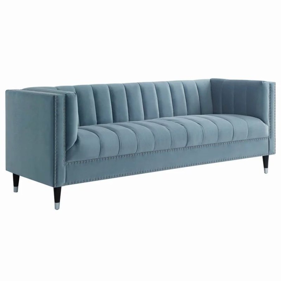 Sofas & Sectionals * | Inspired Home Nicole Miller Althea Velvet Channel Tufted Nailhead Trim Sofa, Slate Blue/Chrome