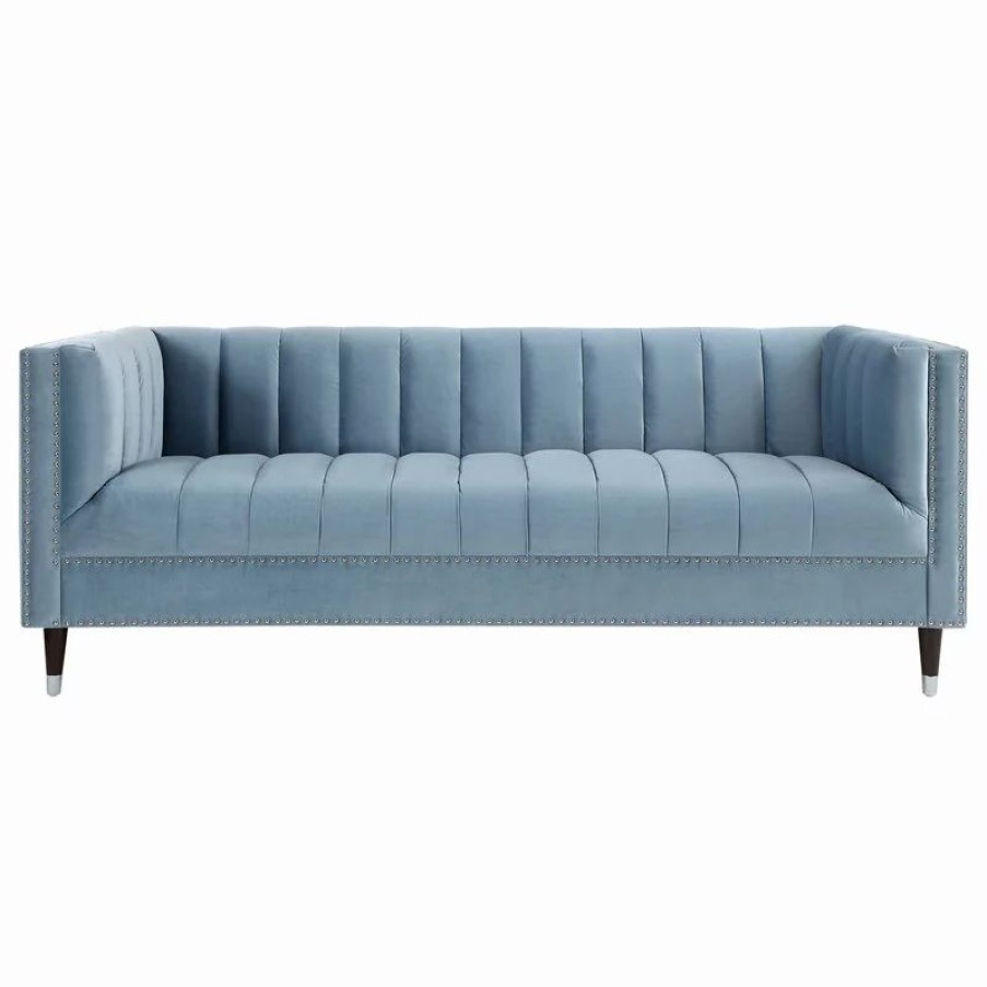 Sofas & Sectionals * | Inspired Home Nicole Miller Althea Velvet Channel Tufted Nailhead Trim Sofa, Slate Blue/Chrome