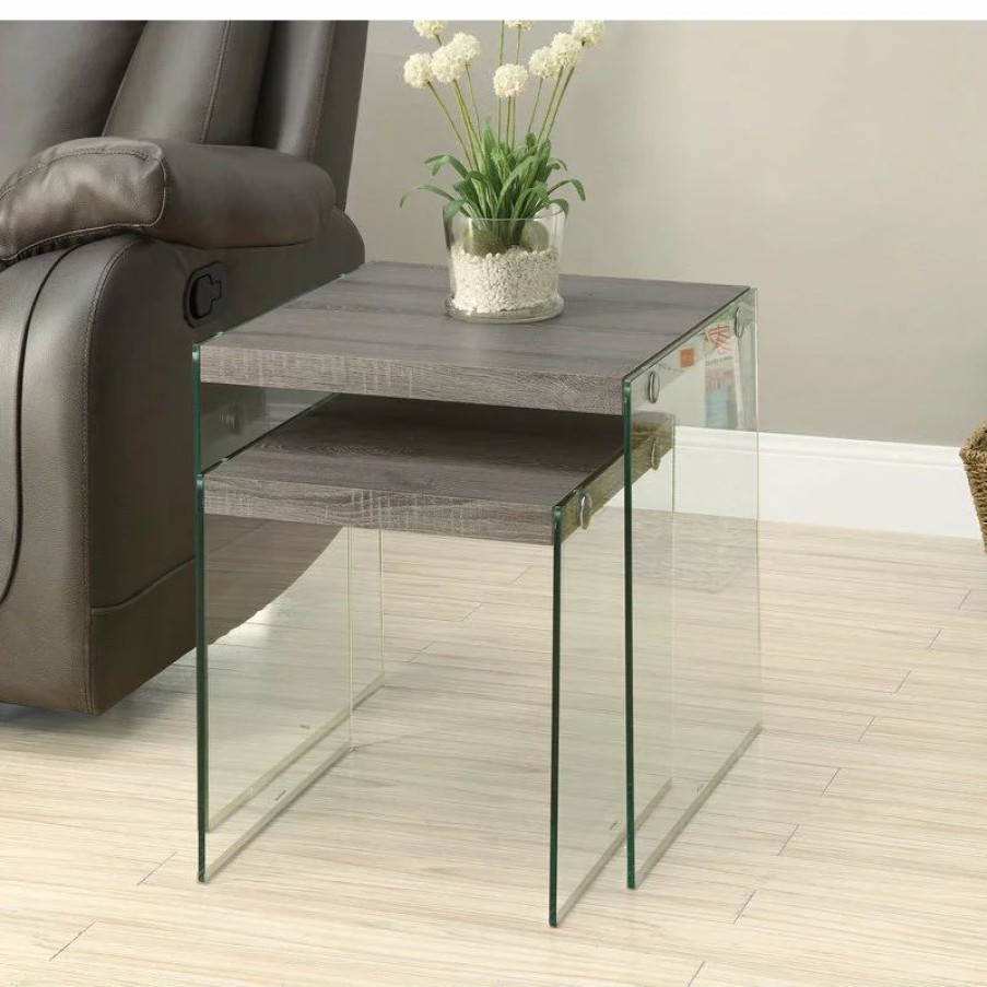 Coffee & Accent Tables * | Monarch Specialties Nesting Table, Set Of 2, Side, End, Accent, Bedroom, Tempered Glass, Brown