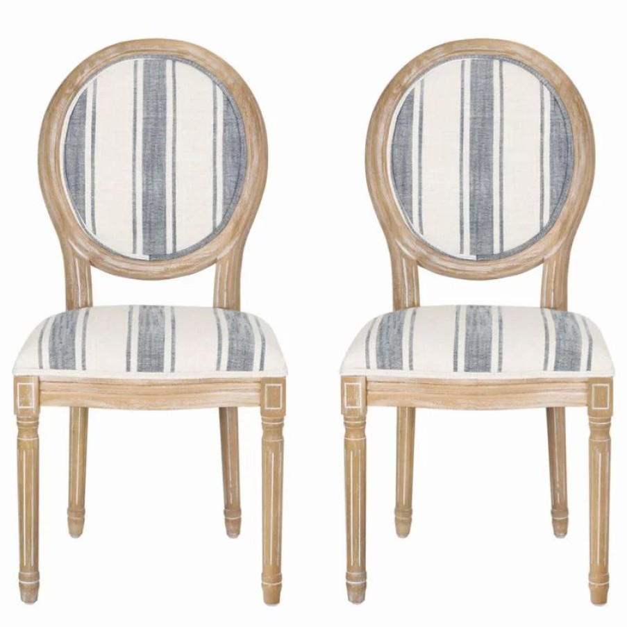 Chairs * | Gdfstudio Lariya French Country Fabric Dining Chairs (Set Of 2), Dark Blue Line + Natural