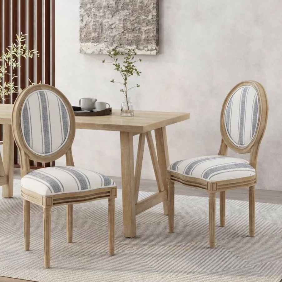 Chairs * | Gdfstudio Lariya French Country Fabric Dining Chairs (Set Of 2), Dark Blue Line + Natural
