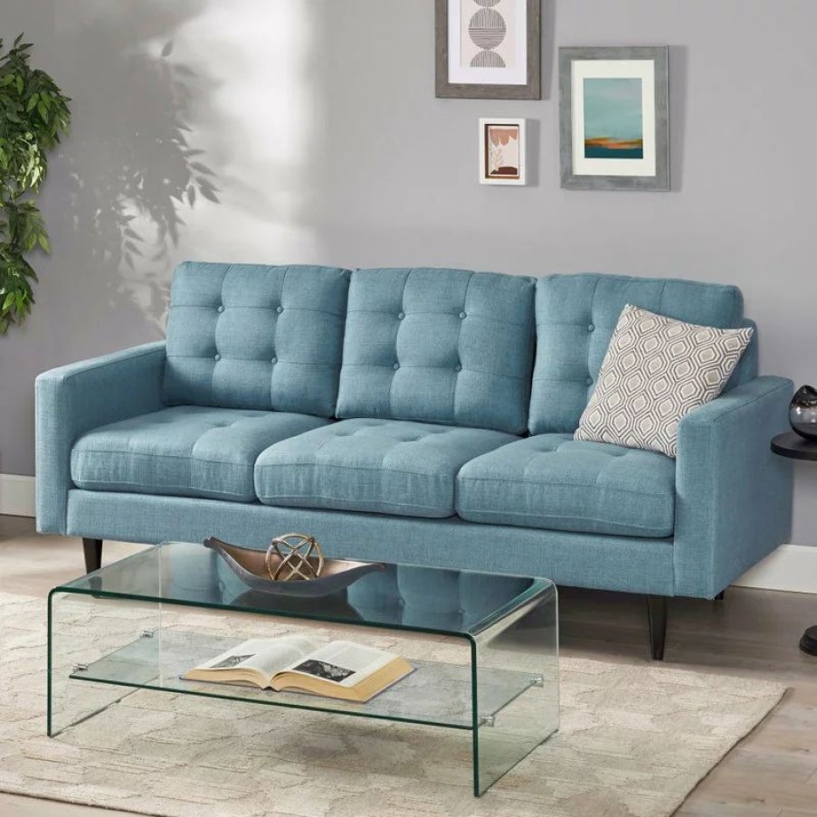 Sofas & Sectionals * | Gdfstudio Darcy Contemporary Tufted Fabric 3 Seater Sofa, Blue/Dark Brown