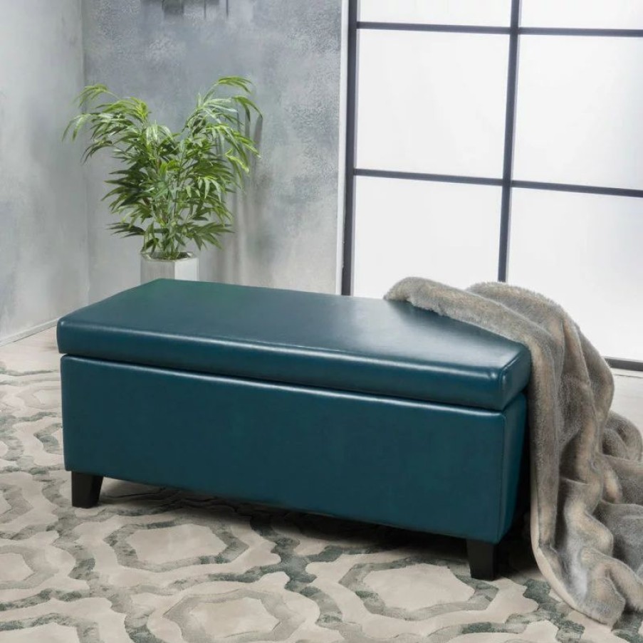Footstools & Ottomans * | Gdfstudio Gdf Studio Breanna Contemporary Storage Ottoman, Teal Leather