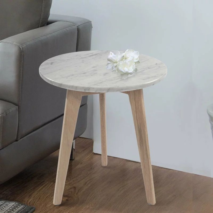 Coffee & Accent Tables * | The Bianco Collection Cherie 15 Round Italian Carrara White Marble Side Table With Oak Legs