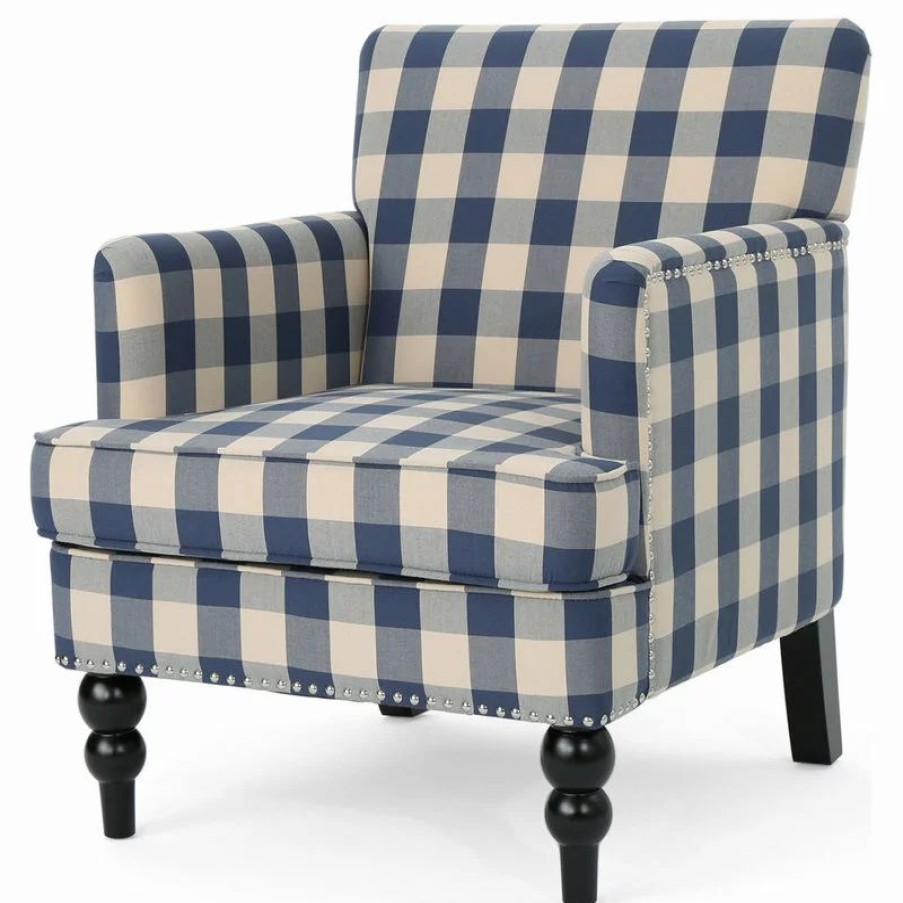 Chairs * | Gdfstudio Gdf Studio Eve Tufted Fabric Club Chair, Blue Checkerboard/Dark Brown