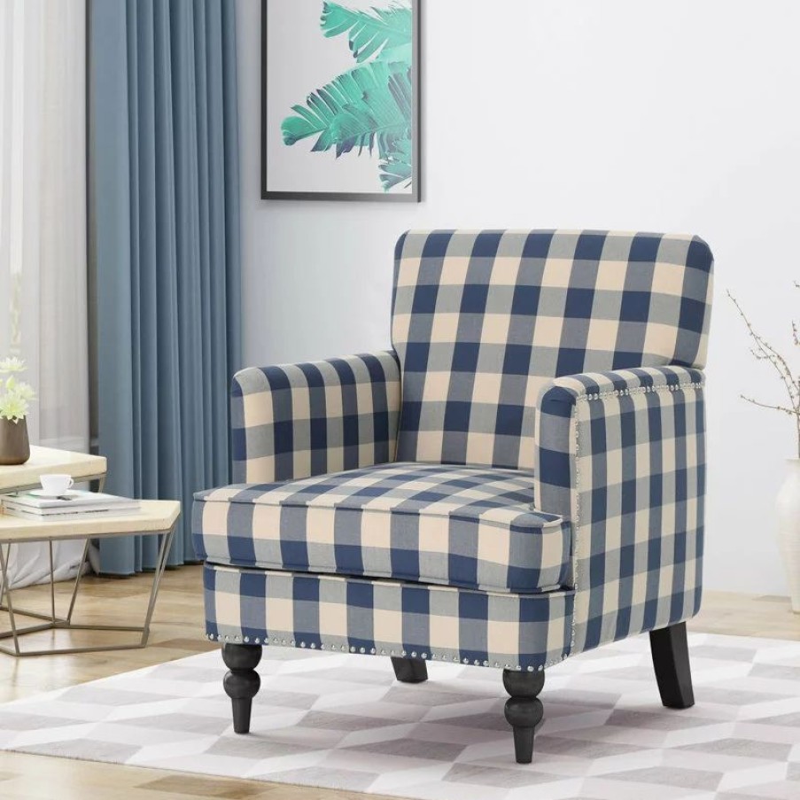 Chairs * | Gdfstudio Gdf Studio Eve Tufted Fabric Club Chair, Blue Checkerboard/Dark Brown