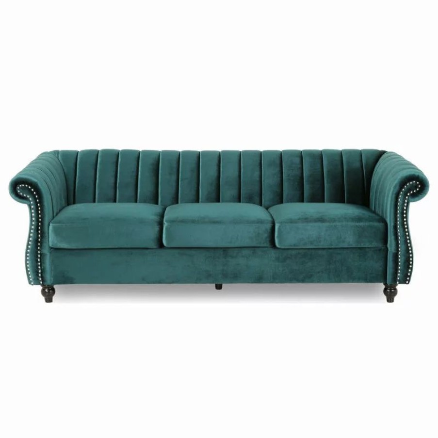 Sofas & Sectionals * | Gdfstudio Olga Modern Glam Velvet 3 Seater Sofa, Teal, Dark Brown