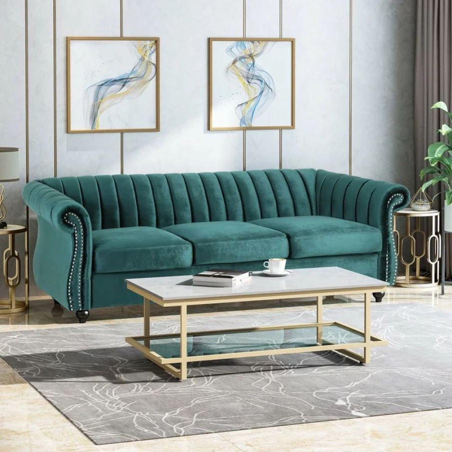 Sofas & Sectionals * | Gdfstudio Olga Modern Glam Velvet 3 Seater Sofa, Teal, Dark Brown