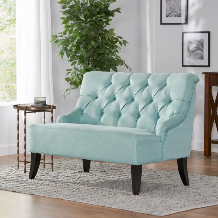 Sofas & Sectionals * | Gdfstudio Gdf Studio Nicoletta Tufted Fabric Settee Loveseat, Light Mint Blue