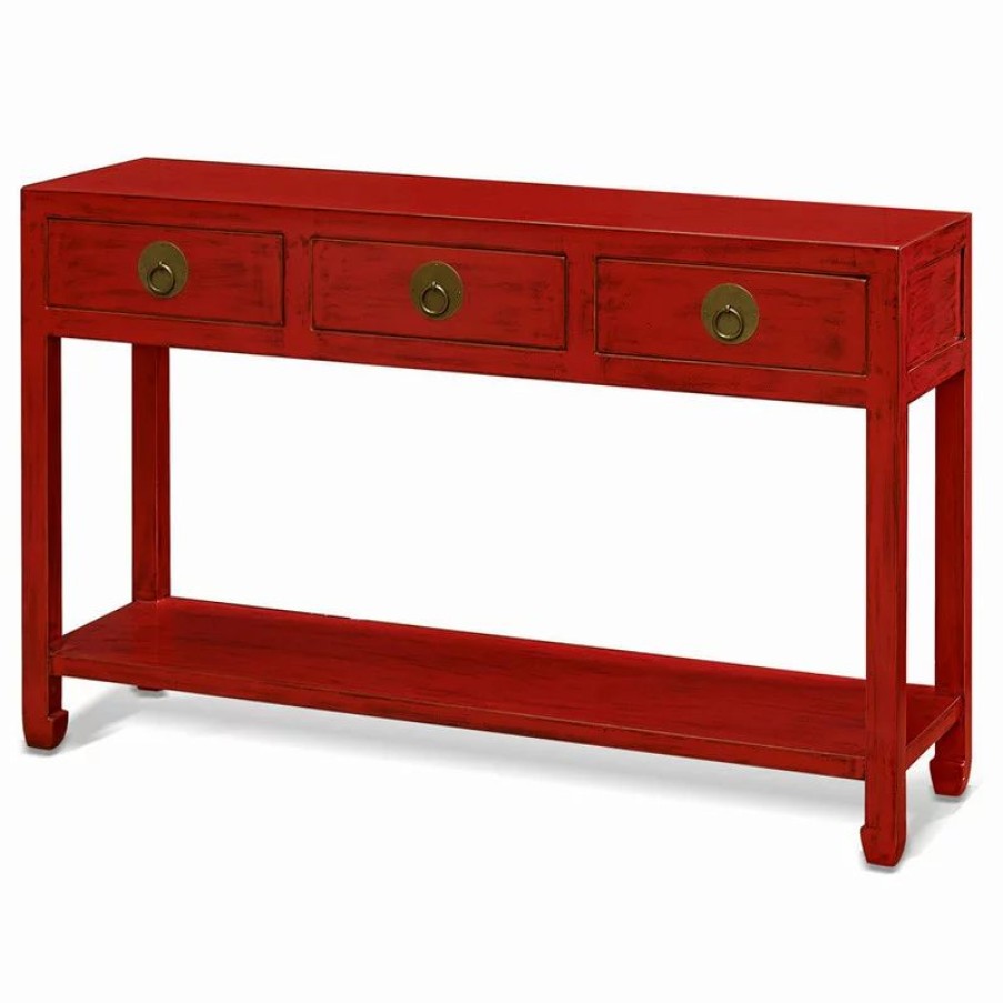 Console Tables * | China Furniture And Arts Distressed Red Elmwood Chinese Ming Console Table With 3 Drawers And Shelf