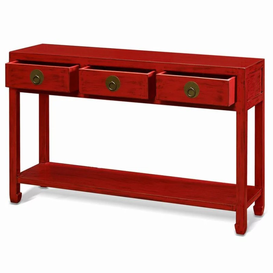 Console Tables * | China Furniture And Arts Distressed Red Elmwood Chinese Ming Console Table With 3 Drawers And Shelf