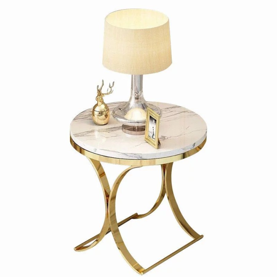 Coffee & Accent Tables * | Homary Modern Round Black Faux Marble Side Table X-Base End Table In Gold, White