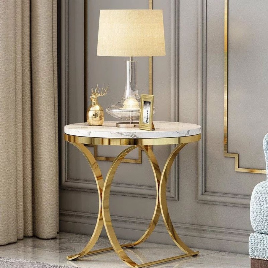 Coffee & Accent Tables * | Homary Modern Round Black Faux Marble Side Table X-Base End Table In Gold, White