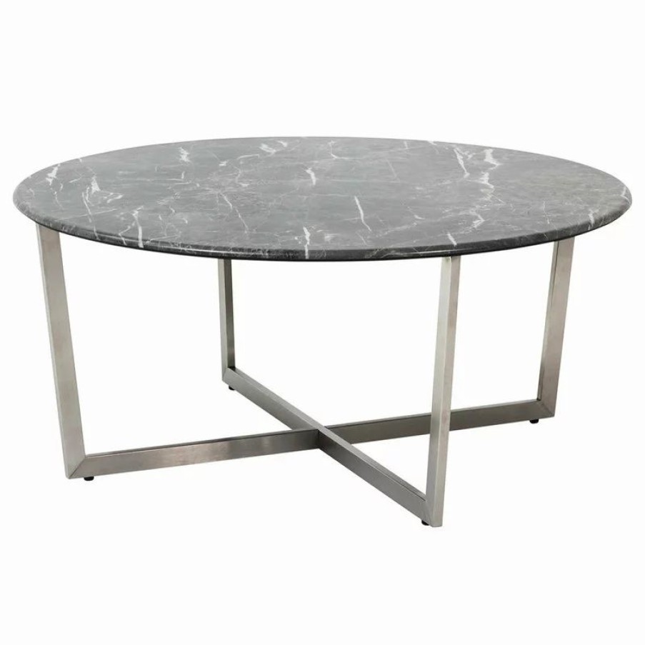 Coffee & Accent Tables * | Euro Style Llona 36 Round Coffee Table In Marble Melamine With Stainless Steel Base, Black