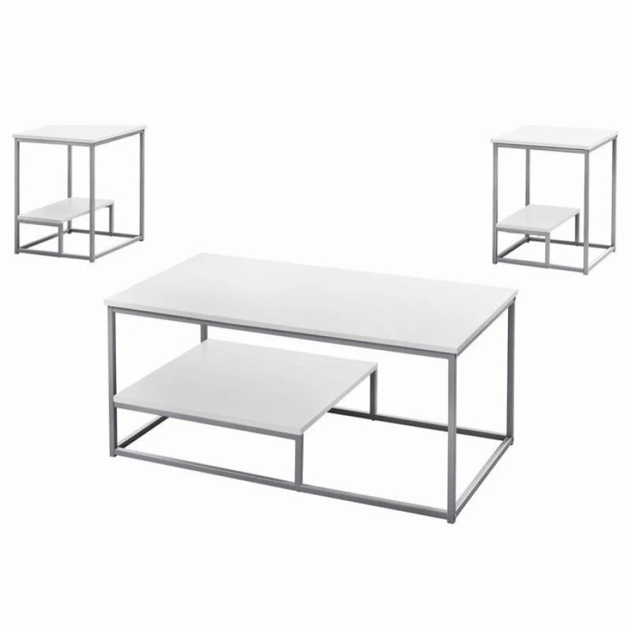 Coffee & Accent Tables * | Monarch Specialties Table Set, 3Pcs Set, Coffee, End, Side, Accent, Living Room, Metal, White/Silver