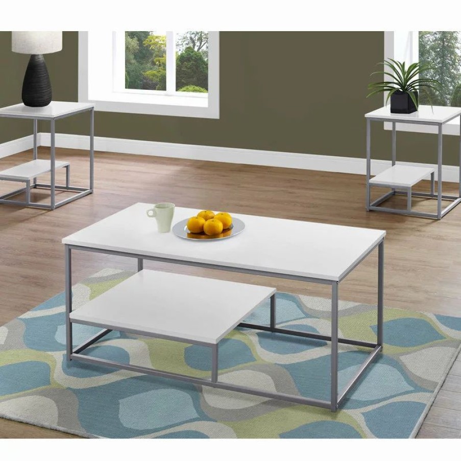 Coffee & Accent Tables * | Monarch Specialties Table Set, 3Pcs Set, Coffee, End, Side, Accent, Living Room, Metal, White/Silver