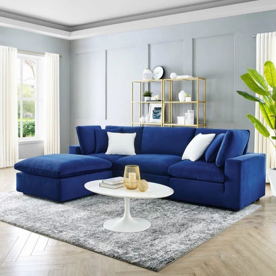 Sofas & Sectionals * | Lexmod Commix Down Filled Overstuffed Performance Velvet 4-Piece Sectional, Navy