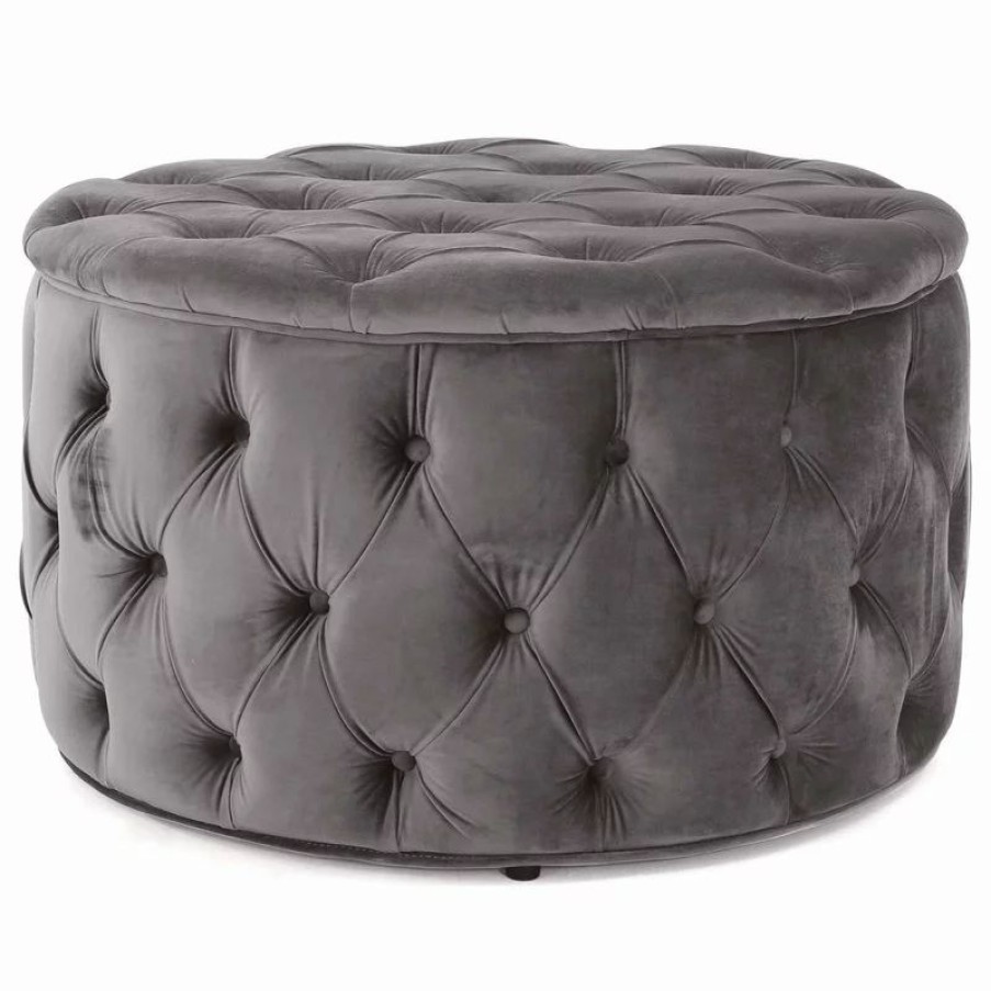 Footstools & Ottomans * | Gdfstudio Gdf Studio Maelyn Modern Glam Tufted Velvet Round Ottoman, Dark Gray