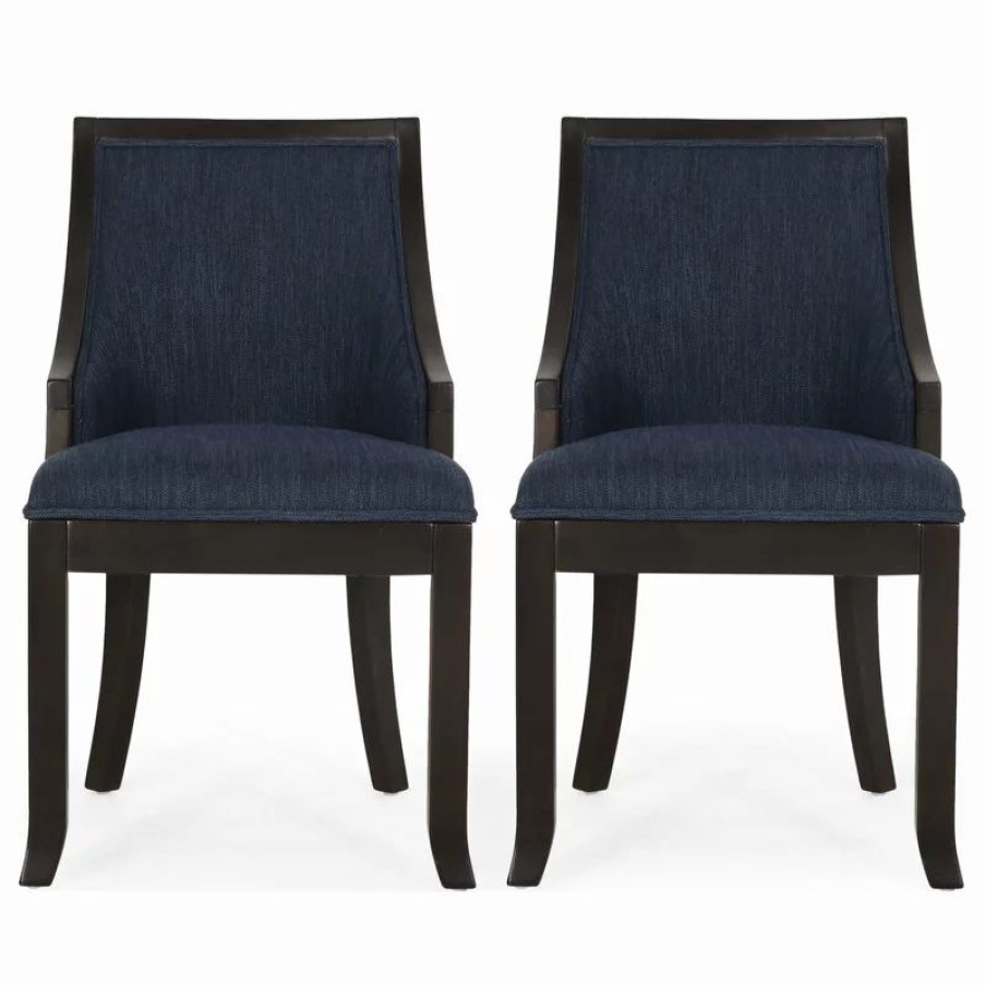 Chairs * | Gdfstudio Monita Upholstered Birch Wood Dining Chairs, Set Of 2, Navy Blue + Walnut, 100%