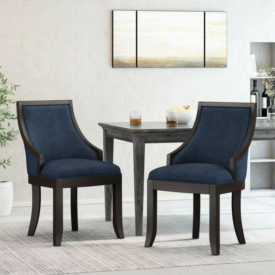 Chairs * | Gdfstudio Monita Upholstered Birch Wood Dining Chairs, Set Of 2, Navy Blue + Walnut, 100%