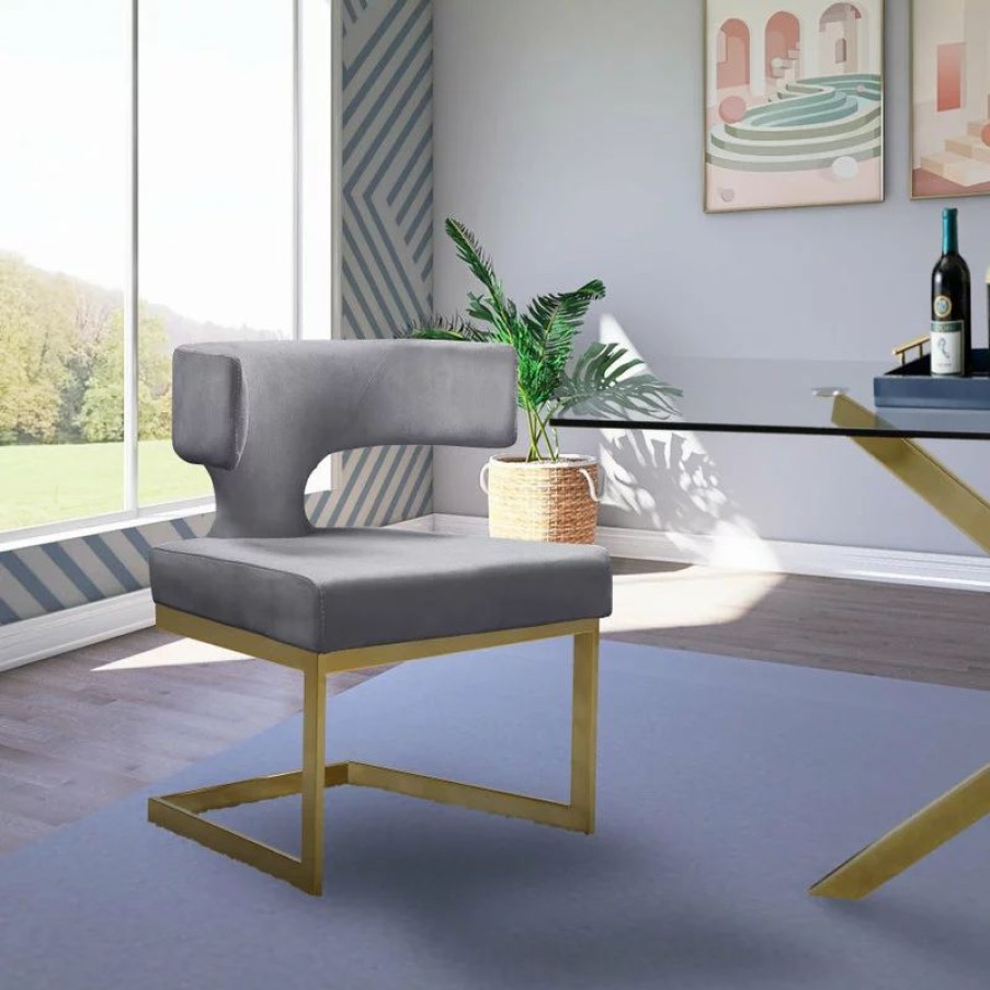 Chairs * | Mod The Eve Dining Chair, Gray And Gold, Velvet And Metal