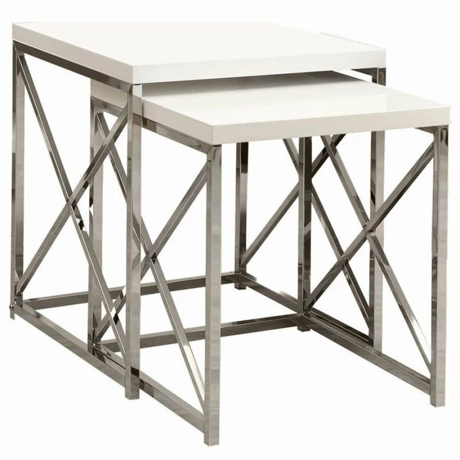 Coffee & Accent Tables * | Monarch Specialties Nesting Tables With Chrome Metal Base, 2-Piece Set, Glossy White