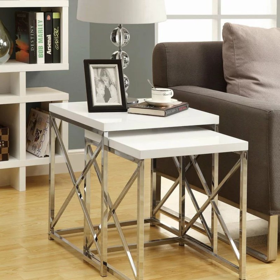 Coffee & Accent Tables * | Monarch Specialties Nesting Tables With Chrome Metal Base, 2-Piece Set, Glossy White