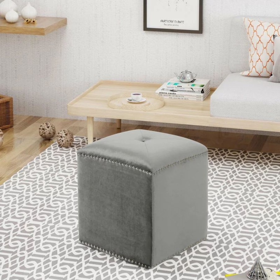 Footstools & Ottomans * | Gdfstudio Gdf Studio Allen Glam Velvet Ottoman, Smoke