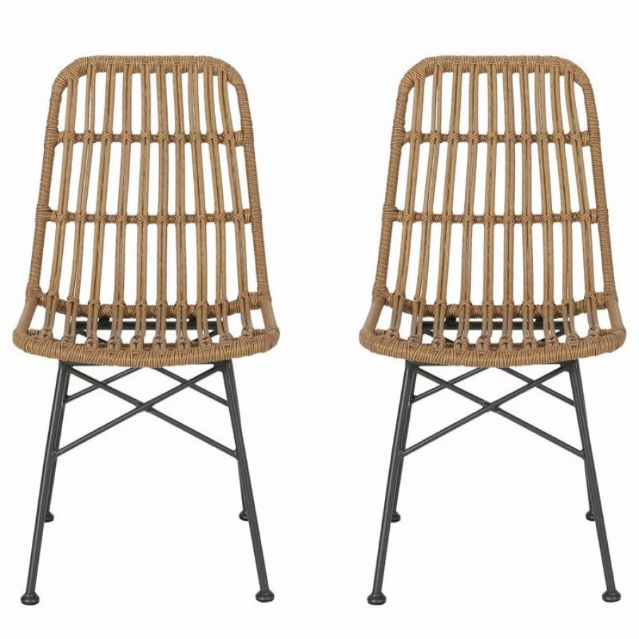 Chairs * | Gdfstudio Silverdew Indoor Wicker Dining Chairs, Set Of 2, Light Brown, Black