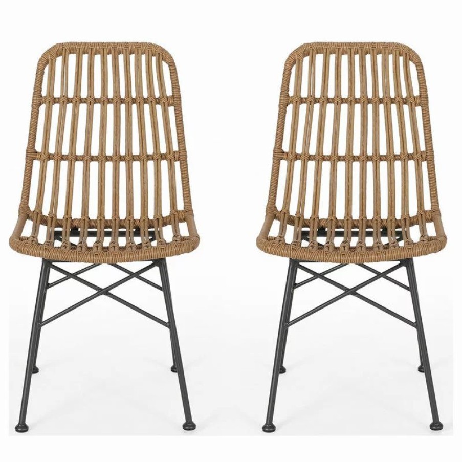 Chairs * | Gdfstudio Silverdew Indoor Wicker Dining Chairs, Set Of 2, Light Brown, Black