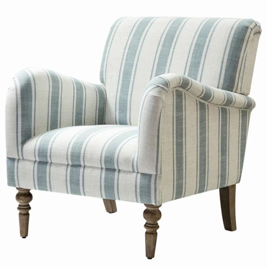 Chairs * | Karat Home Stripe Armchair With Solid Wood Legs, Blue