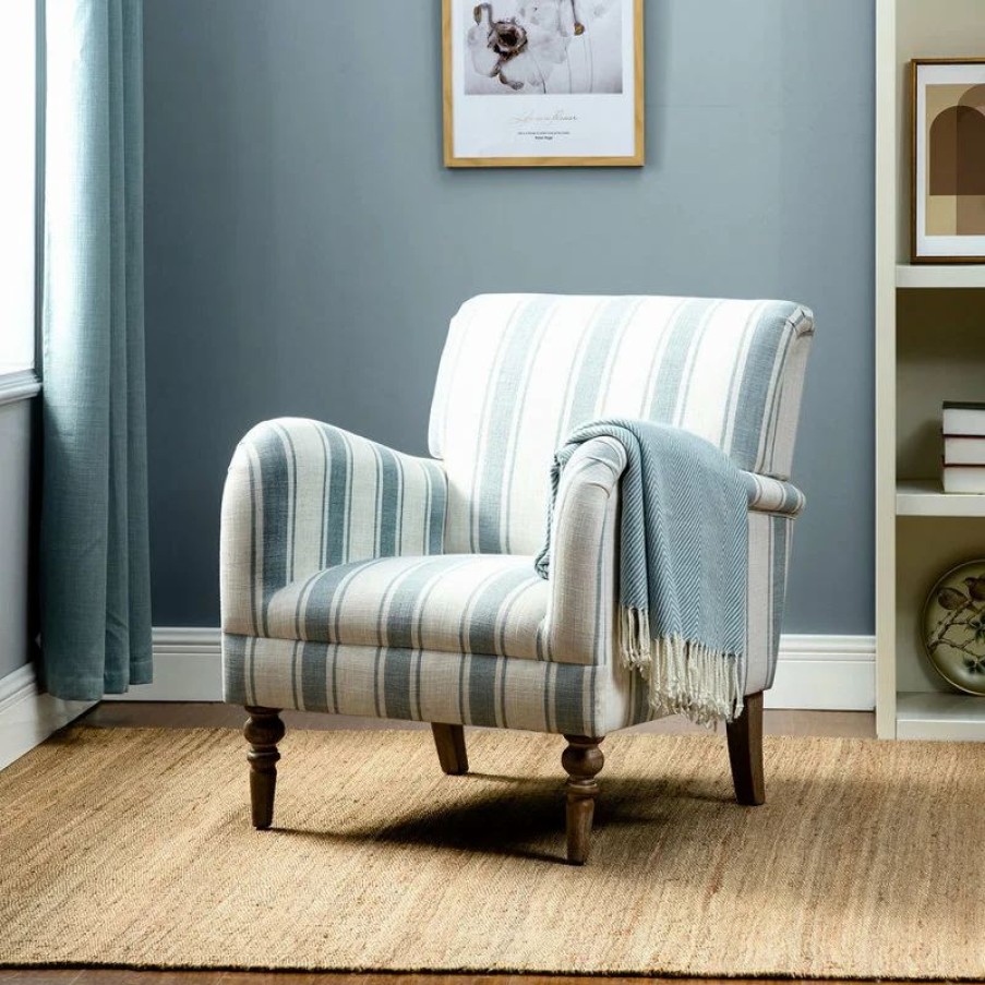 Chairs * | Karat Home Stripe Armchair With Solid Wood Legs, Blue