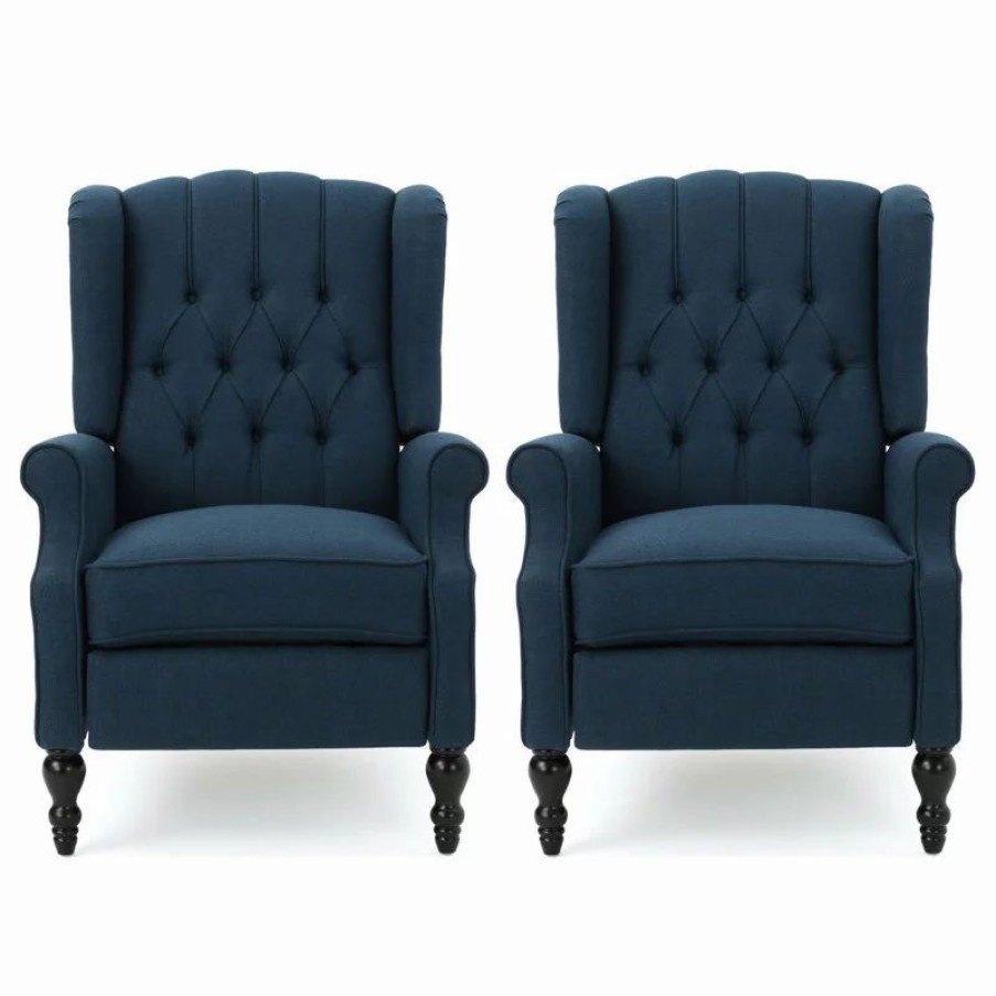 Chairs * | Gdfstudio Xanthe Tufted Fabric Recliner, Set Of 2, Navy Blue And Dark Brown