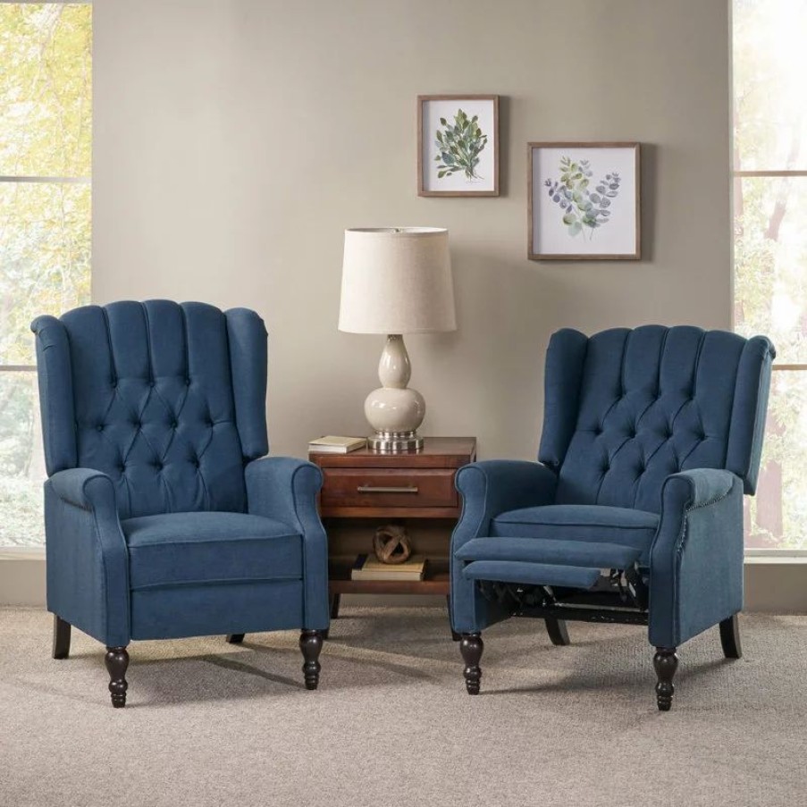 Chairs * | Gdfstudio Xanthe Tufted Fabric Recliner, Set Of 2, Navy Blue And Dark Brown