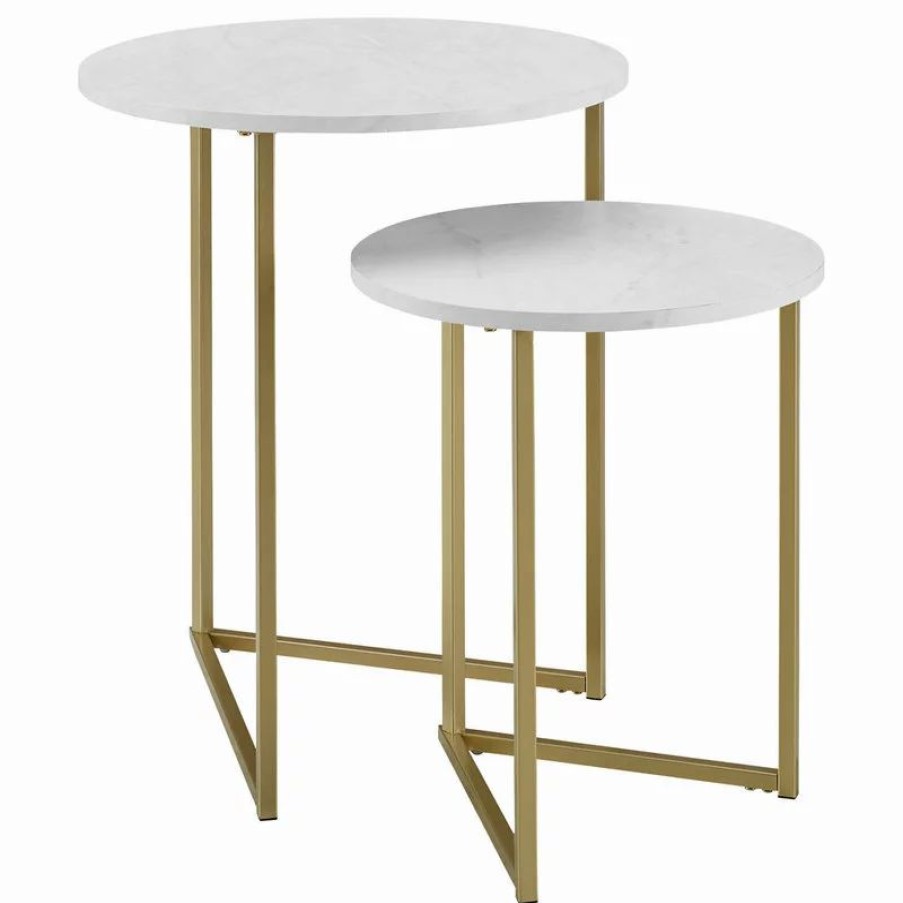 Coffee & Accent Tables * | Walker Edison 2-Piece V-Leg Nesting Side Tables, White Faux Marble/Gold